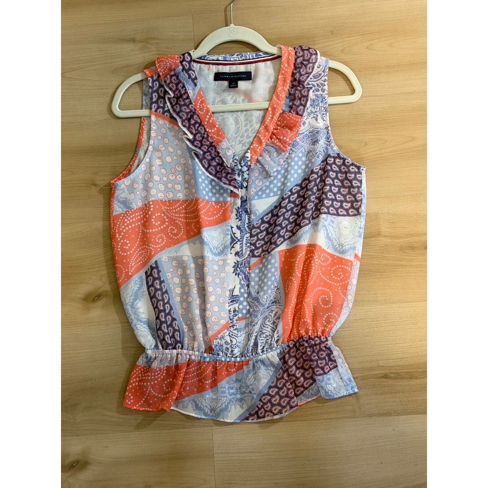 Tommy Hilfiger Sleeveless Blouse Multicolor S Women Ruffle V-Neck Patchwork - Picture 9 of 11
